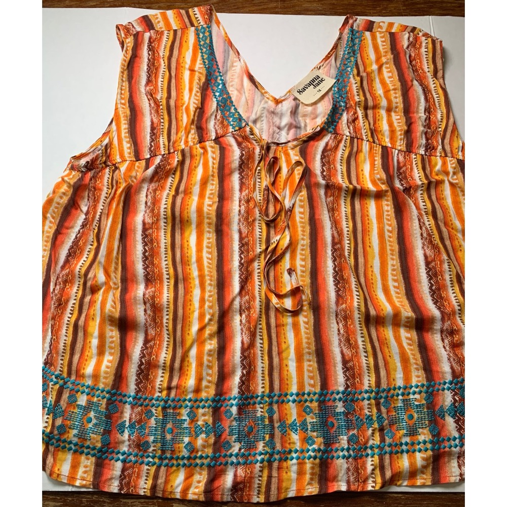 Savanna Jane Womens 1X Boho Embroidered Stripe Sleeveless Rayon Blouse